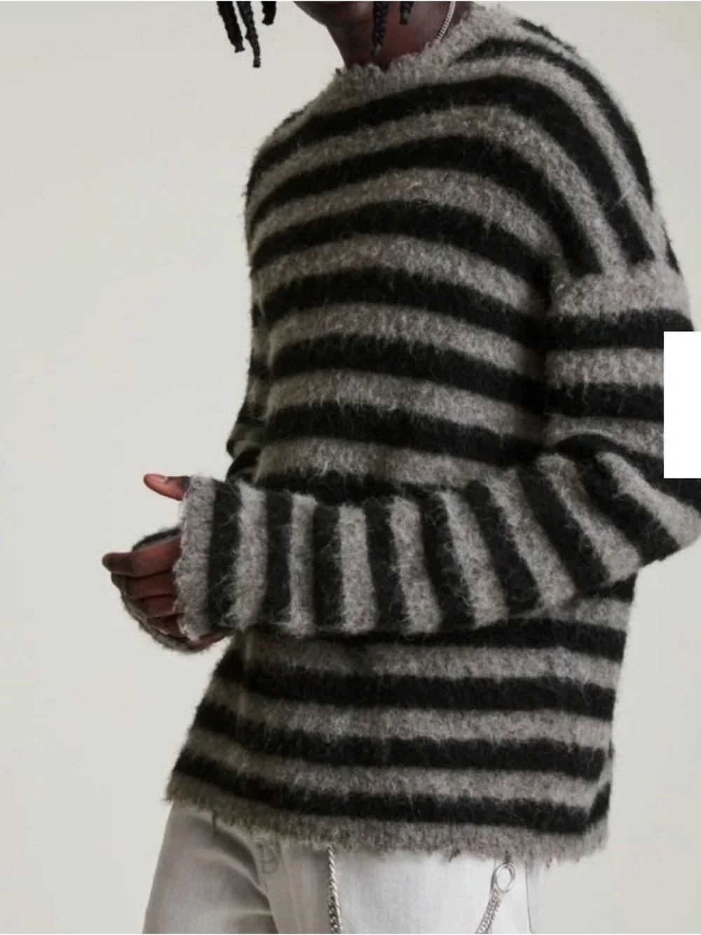 AllSaints Unisex Gray and Black Striped Fuzzy Crewneck Sweater Size L